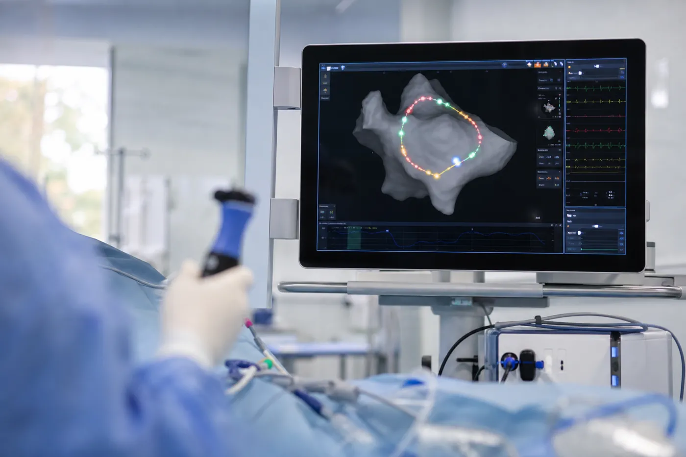 Monitor in an electrophysiology lab showing a colour activation map of the right atrium during a flutter ablation