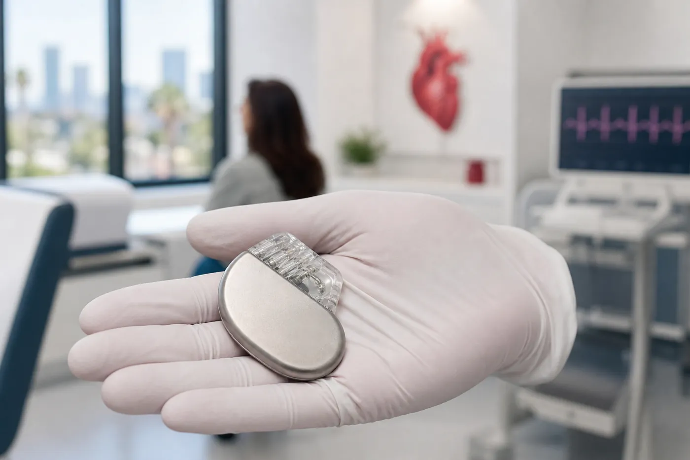 Implantable cardioverter defibrillator and programmer tablet on a clinic desk during a device check