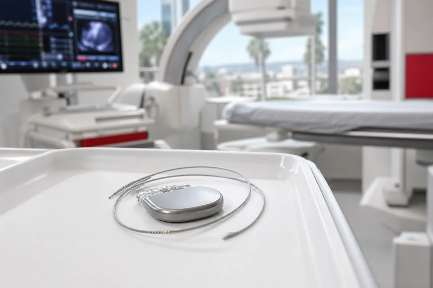 Small pacemaker generator and lead resting on a sterile tray in a cardiac procedure room