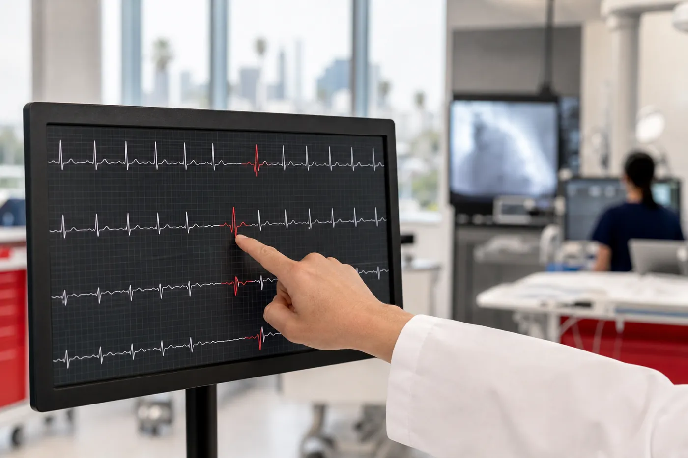 Close view of an electrophysiology mapping screen highlighting a single early-activation spot in the ventricle